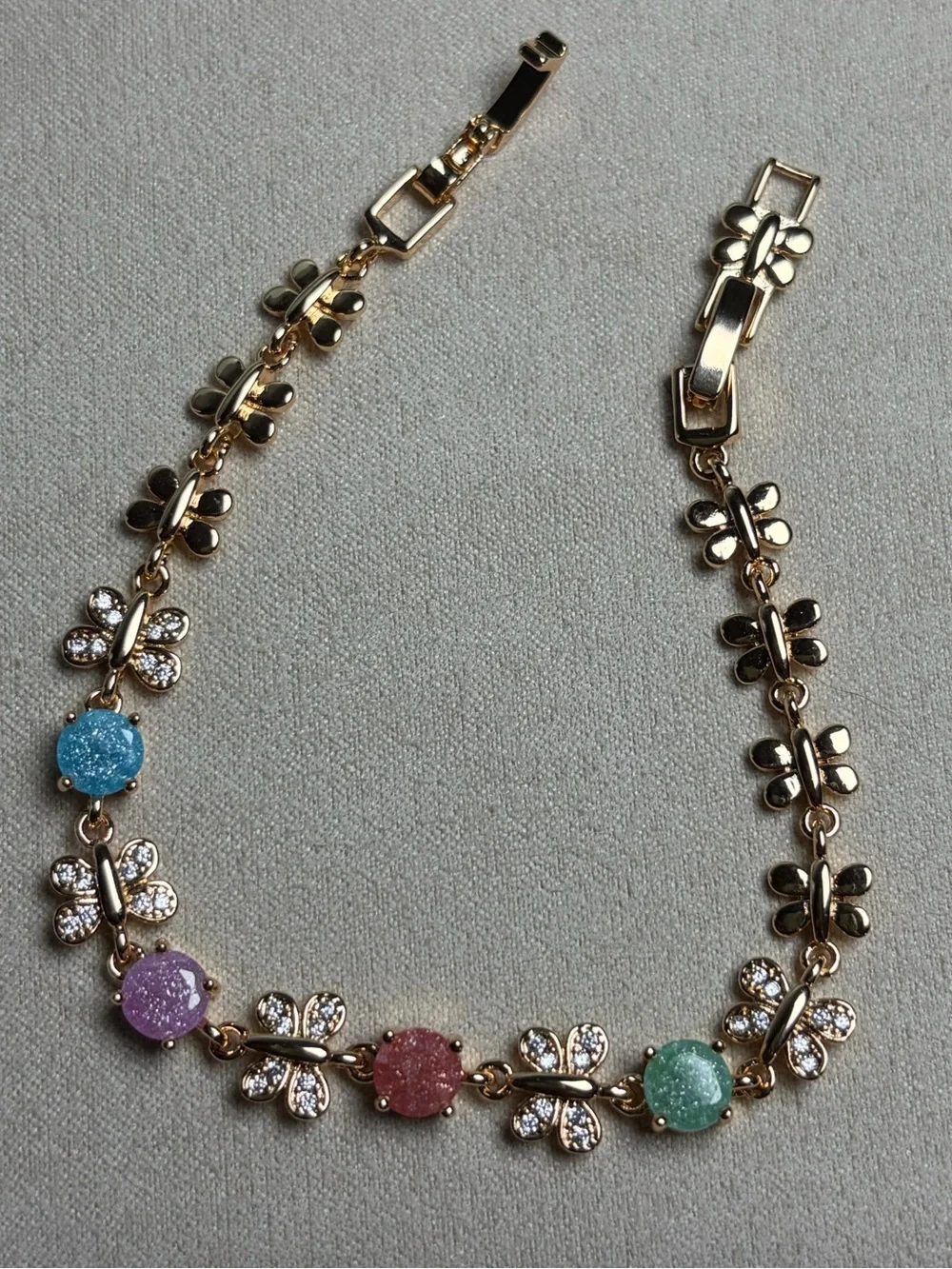 Gold Floral Bracelet with Pastel Blue, Pink, Purple & Green Stones
